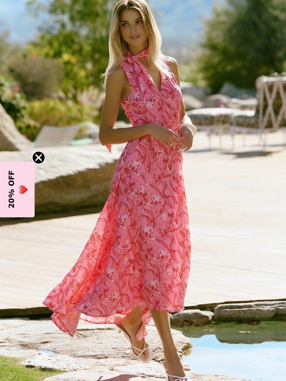Hutch Pink Floral Tie-Neck Maxi Dress, sz small